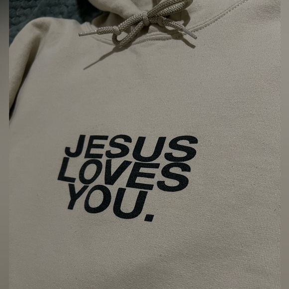 Tan Jesus Loves You hoodie with black lettering, size medium, writing on back - Picture 2 of 4